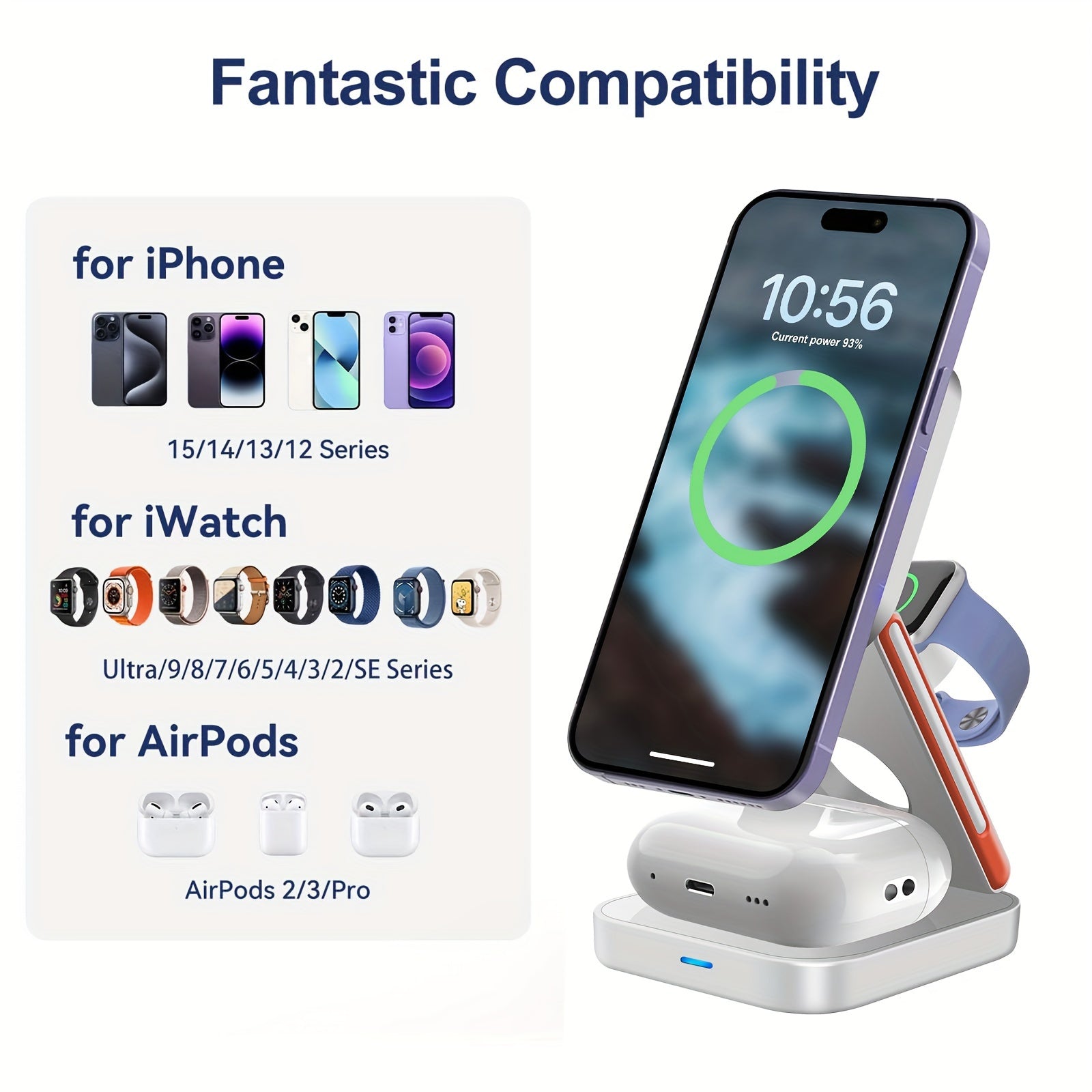 3 In 1 Magnetic Wireless Charger Stand 15W Fast Charger Dock For IPhone 15/15 Pro/15 Plus/15 Pro Max/14/13/12 Series Multiple Devices Foldable Magnetic Wireless Charging Station/Pad For IWatch Ultra/Ultra 2/SE/9/8/7/6/5/4/3/2