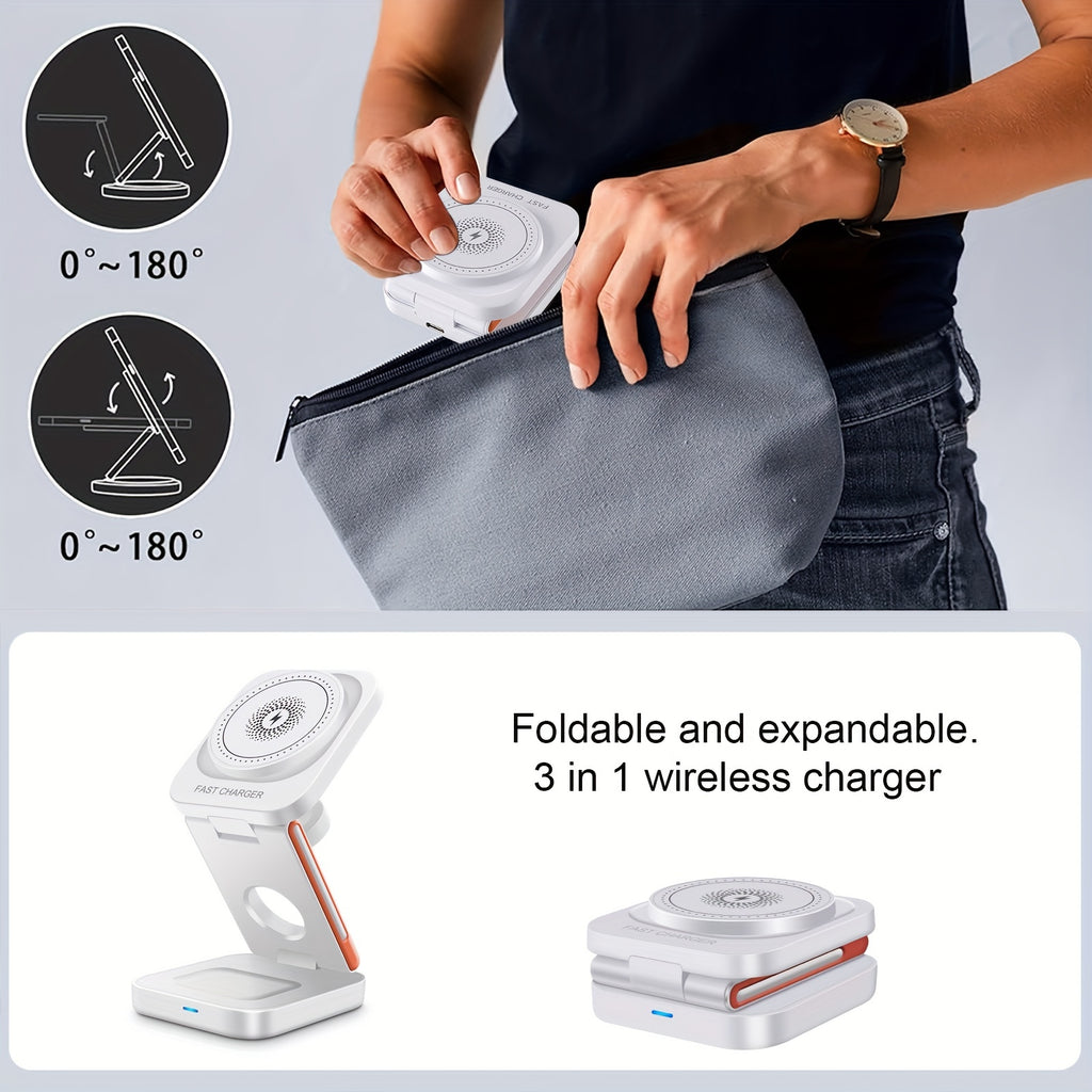3 In 1 Magnetic Wireless Charger Stand 15W Fast Charger Dock For IPhone 15/15 Pro/15 Plus/15 Pro Max/14/13/12 Series Multiple Devices Foldable Magnetic Wireless Charging Station/Pad For IWatch Ultra/Ultra 2/SE/9/8/7/6/5/4/3/2